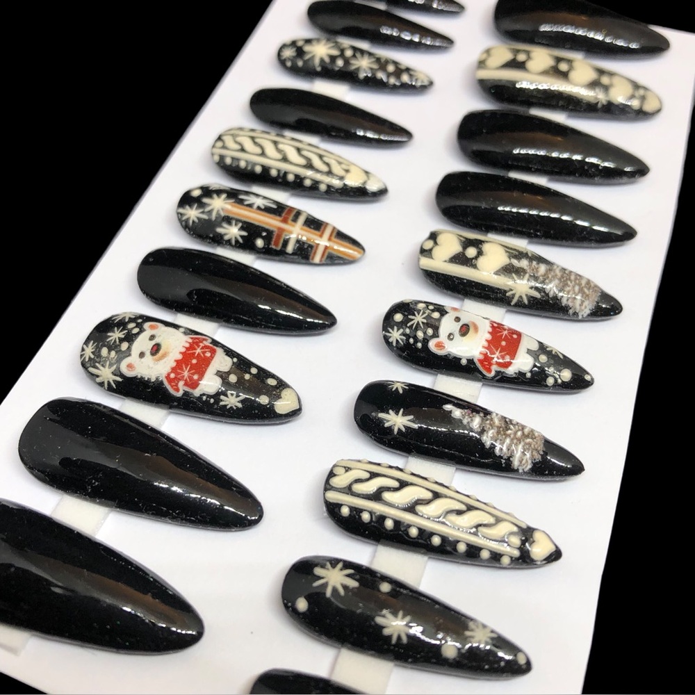 Handmade Press On Nails Custom Long Nails Almond Shape Black Christmas Nails - Picture 5 of 9